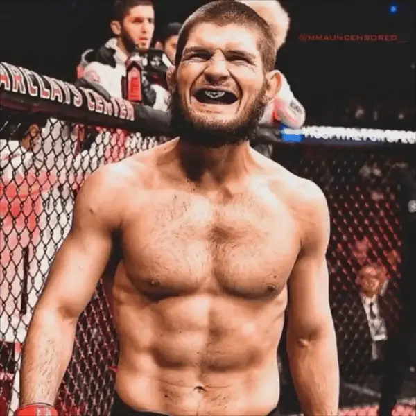 Khabib Nurmagomedov wearing a mouth guard