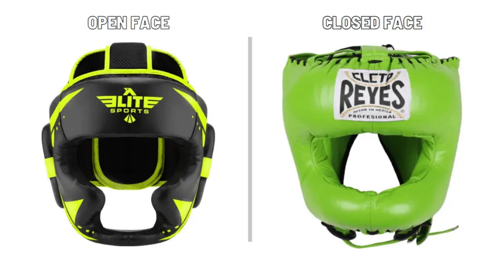 Open face compared to closed face headgear for boxing and MMA